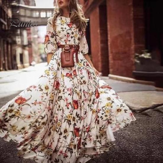 Летнее женское платье с цветочным принтом трапециевидной формы со свободным подолом в винтажном стиле с высокой талией во французском стиле с рукавами три четверти плиссированным круглым вырезом для выпускного коктейля, банкета