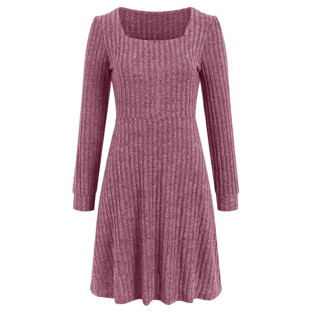 Женское трикотажное платье с длинными рукавами и карманами, квадратный вырез, облегающие платья, однотонное трикотажное элегантное платье для женщин