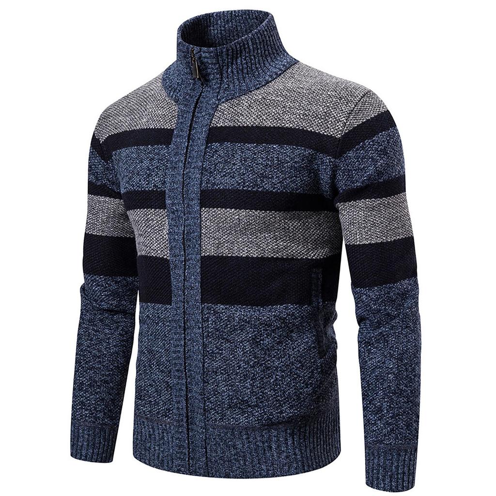 Men's Trendy Striped Long Sleeved Sweater Outdoor Stand Collar Sports Cardigan Sweater
