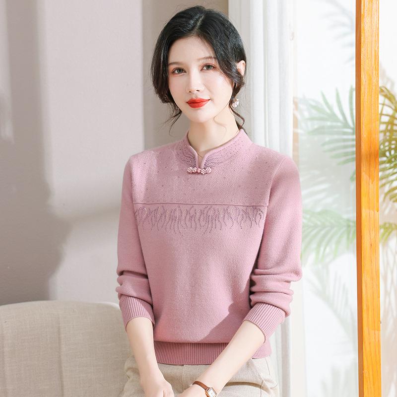 Autumn/Winter Knitted Velvet Sweater for Middle-Aged Women, Stylish Stand-Up Collar Solid Color Base Layer
