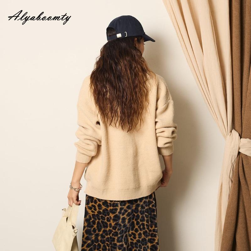 Корейская мода Осень Зима Женский кардиган V-образный вырез Черный Серый Абрикосовый Вязаный верхняя одежда Повседневный Свободный Дамский Джинсовый пэчворк Стильное пальто