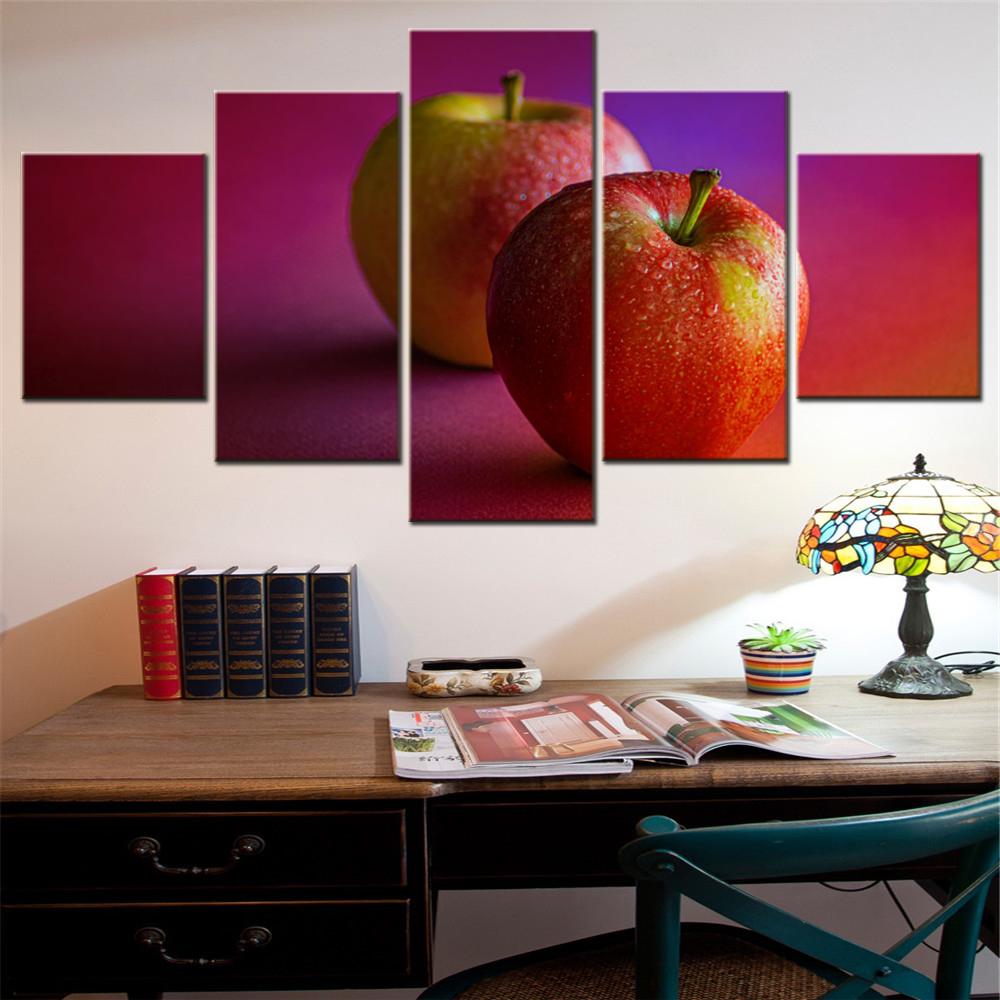 5 Pieces Canvas Wall Arts Poster Paitning Food Red Apples Dew Drops Wallpaper Home Decor Picture Printing For Living Room Mural