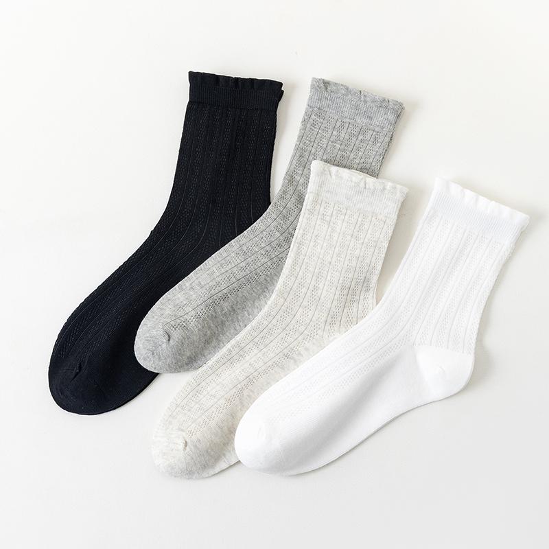 Fenteng [Breathable Mesh] 5-Pair Xinjiang Cotton Solid Color Versatile Middle Socks Women's Socks Women's Socks Sweet Jacquard
