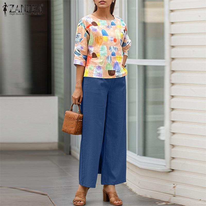 ZANZEA Женский повседневный костюм из двух частей с принтом и блузкой с рукавом 3/4 и брюками