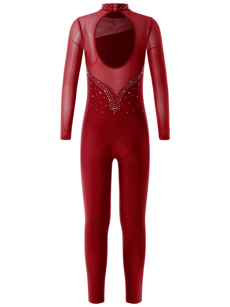 Children Girls Fashion Leotard Long Sleeve Round Collar Hollow Back Skating Performance Jumpsuit