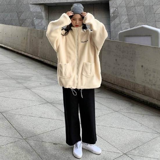 Зимнее женское пальто с воротником-стойкой, длинными рукавами, карманами, вышивкой, застежкой-молнией, цветные блоки, плотный флис, свободная спортивная повседневная куртка для повседневной носки