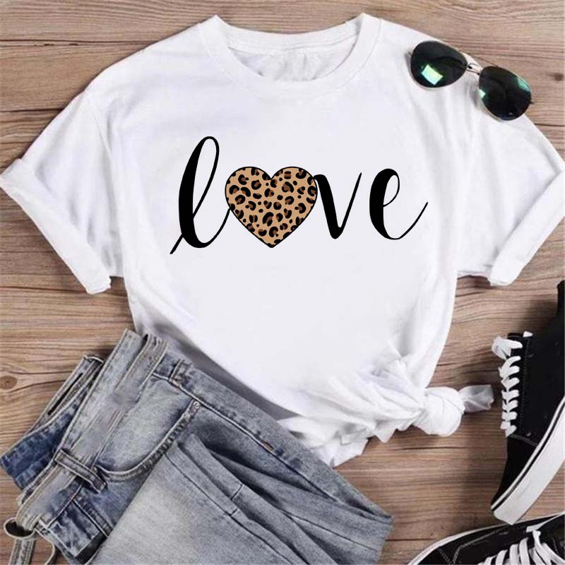 Женская футболка с коротким рукавом с графическим принтом Leopard Love Fashion 90-х годов, женская одежда с принтом, повседневная женская футболка, женская футболка