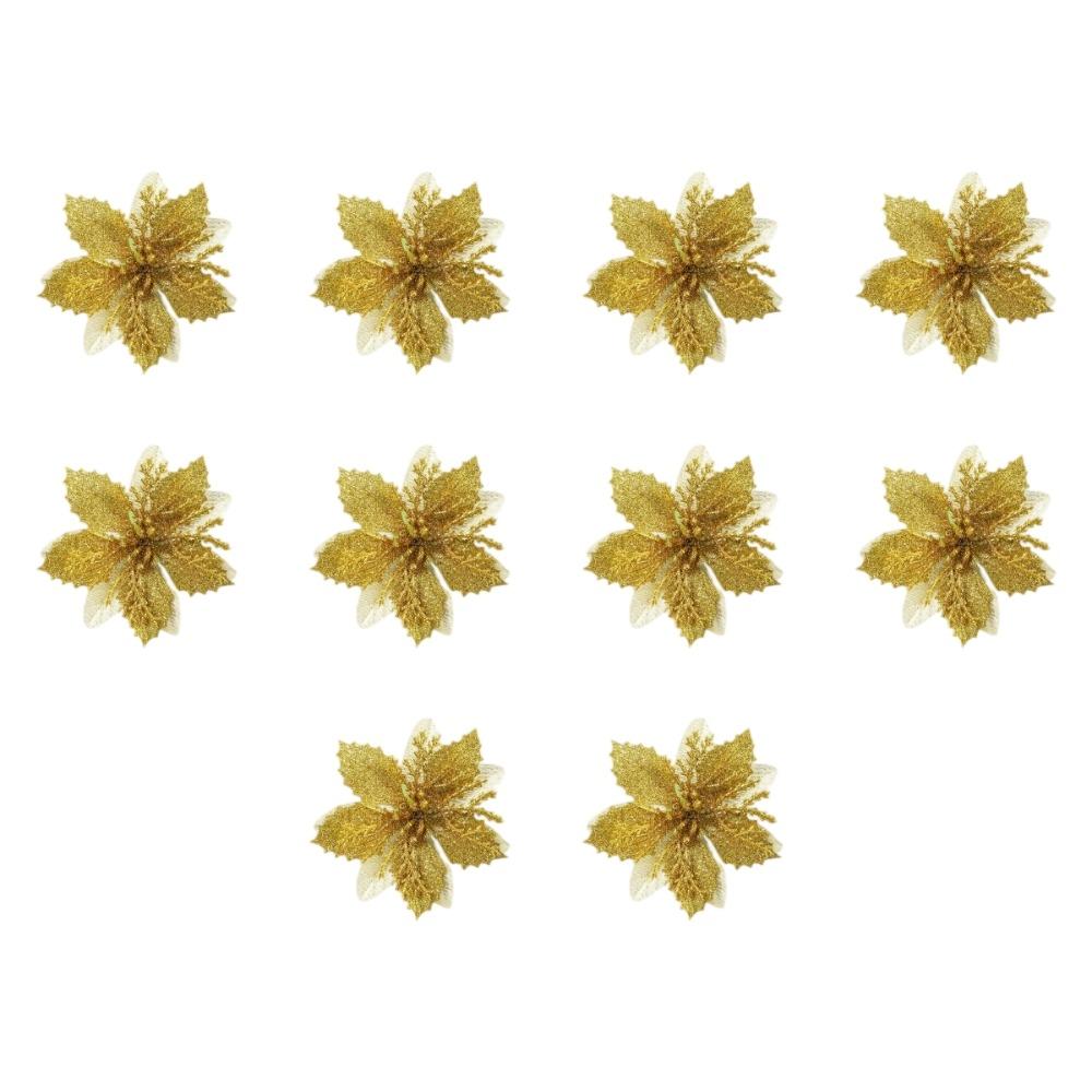 11Pcs Golden Gold Powder Artificial Poinsettia Flowers Multi-Color 7.1cm 11cm Glitter Flower Christmas Tree Decor DIY
