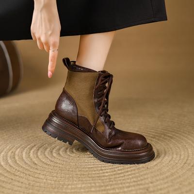 Модные женские новые осенне-зимние кожаные овчинные ботинки с круглым носком, толстой подошвой на шнуровке и средней высоты каблуком до середины икры, больших размеров, в стиле ретро.