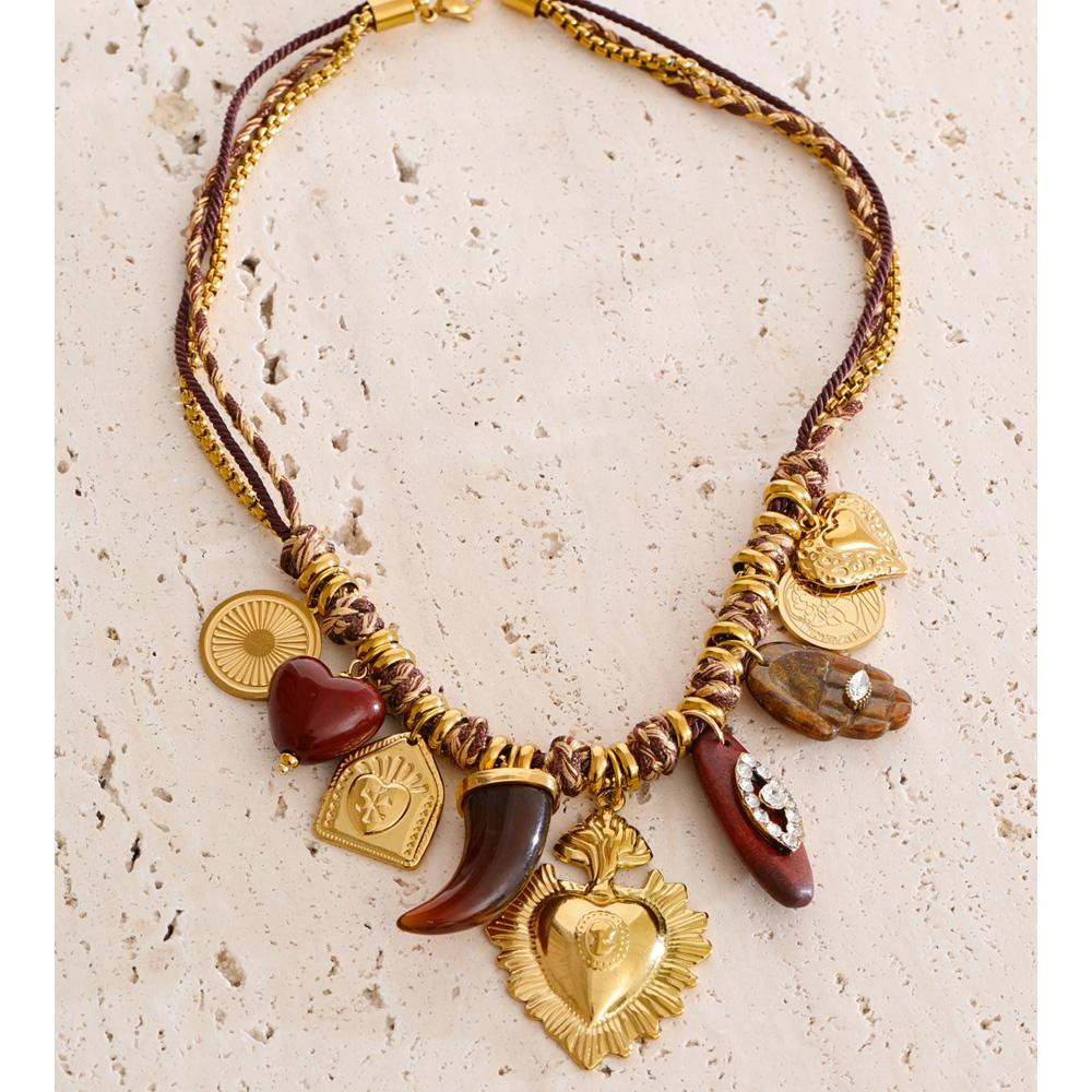 Yhpup Handmade Charms Pendant Jewelry Resin Acrylic Heart Palm Horn Drop Stainless Steel Rope Braid Chain New Necklace Vintage