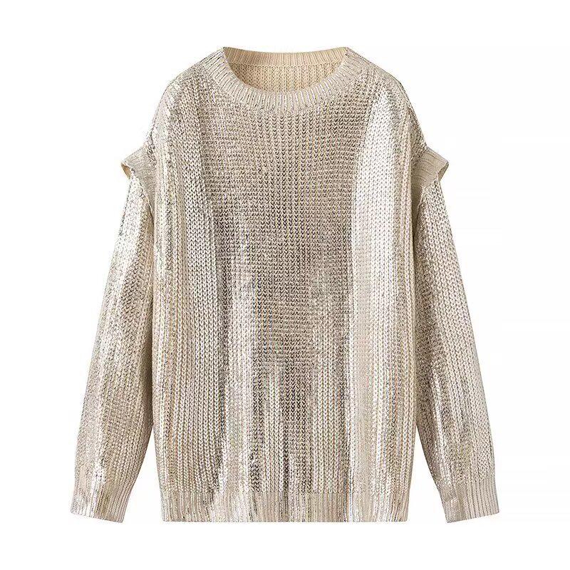 2024 Women's European & American Style Mid-Length Metal Round Neck Pullover Sweater