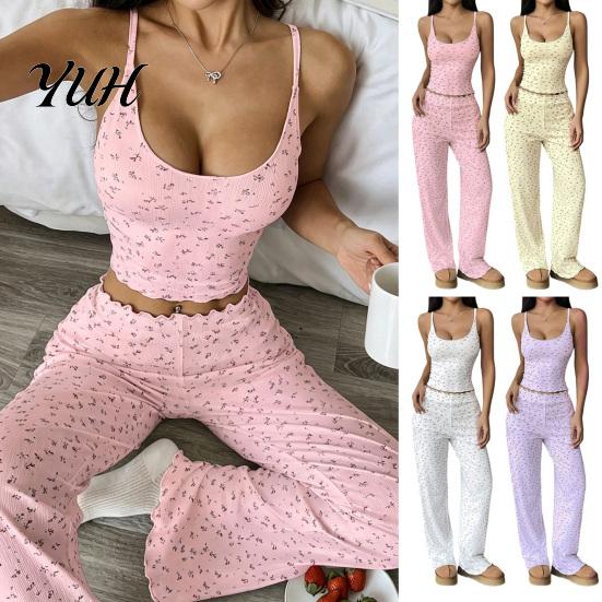Cute Summer Pajamas with Thin Straps Women Set Floral Print, Sleeveless U Neck Lightweight Sleep Sets for Vacation Camisole And Pants, Sexy