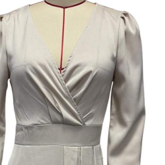 Женское атласное платье с V-образным вырезом и длинными рукавами, миди-платье с запахом, с разрезом и оборками по подолу, формальное коктейльное платье для гостьи на свадьбу