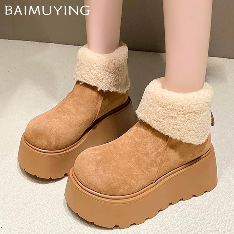 Ботильоны женские на меховой платформе, замшевые короткие, плюшевые, на среднем каблуке, хлопковые туфли, тренд 2025 года, теплая повседневная зимняя обувь, новые женские ботинки