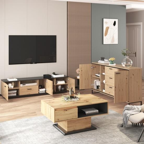 Kitchen Cabinet with Two Doors Three Drawers Wood Grain Metal Legs Wood Color Utility Pantry Dining Room
