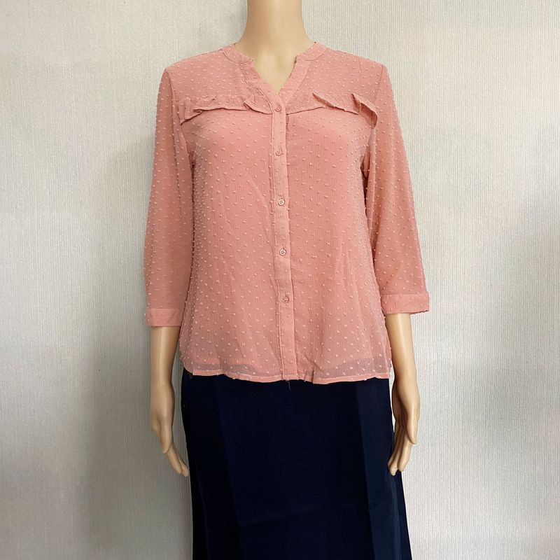 Export Fashion Original Order Leftover Stock Chiffon Jacquard Fabric Wooden Ear 3/4 Sleeve Shirt for Women Pure Color Fashion Bottoming Shirt