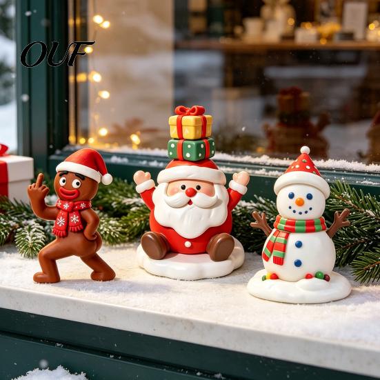 Small Christmas Figurines for Cabinet Resin Figurine, Cute Clay Style Santa Snowman Gingerbread Man Exquisite Craft Shelf Statue, Festive Holiday