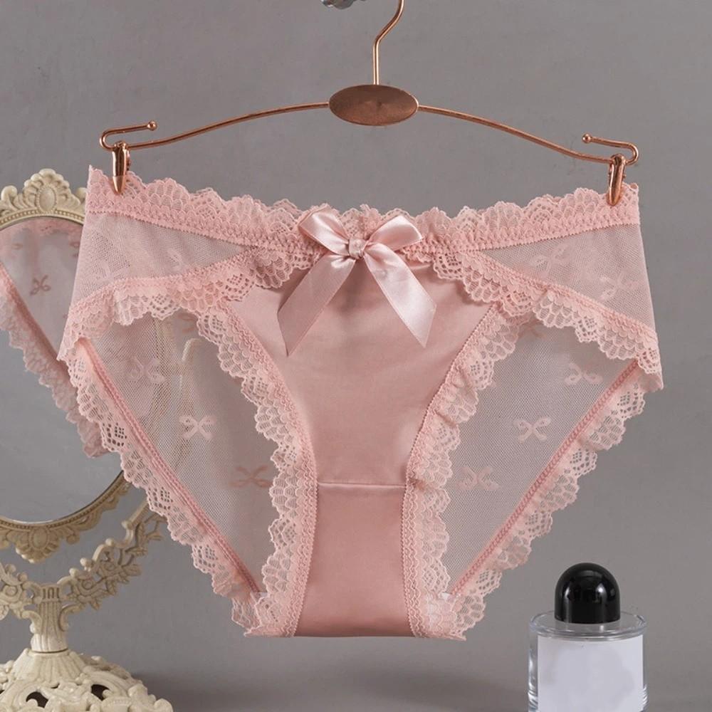 Breathable Low Waist Lace Panties Transparent Cotton Crotch Mesh Flower Briefs Lingerie Bow Lace Thin Underwear Lady