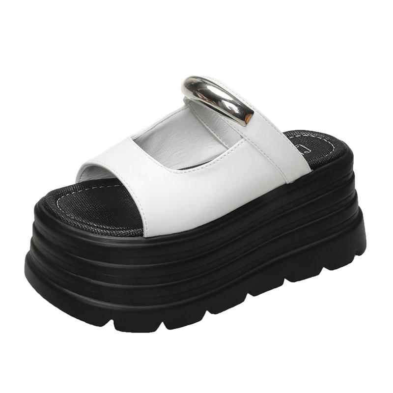 Модные 8 см Новые Летние Женские Шлепанцы Вьетнамки Женские Пляжные Блестящие Сандалии На Танкетке Обувь Черные Женские Уличные Шлепанцы на Высокой Платформе