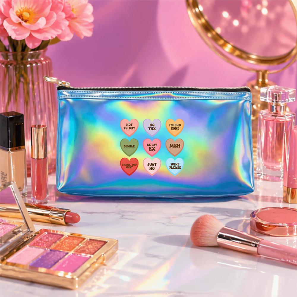 Retro Heart Slogan Print Laser Cosmetic Makeup Bag Holographic Toiletry Pouch, PortableTravel Organizer for Women Girls Gift