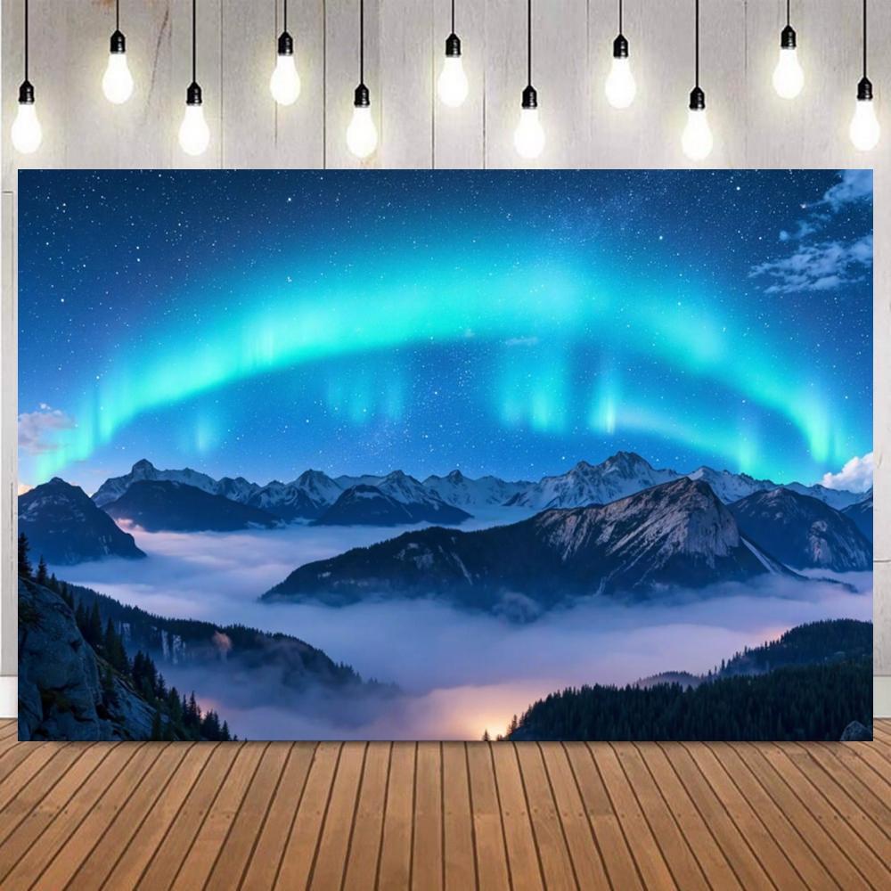 Aurora Forest Snow Mountain Photography Background Lake Scenic Winter Natural Landscape Photo Backdrop Studio Props Wall Decor2