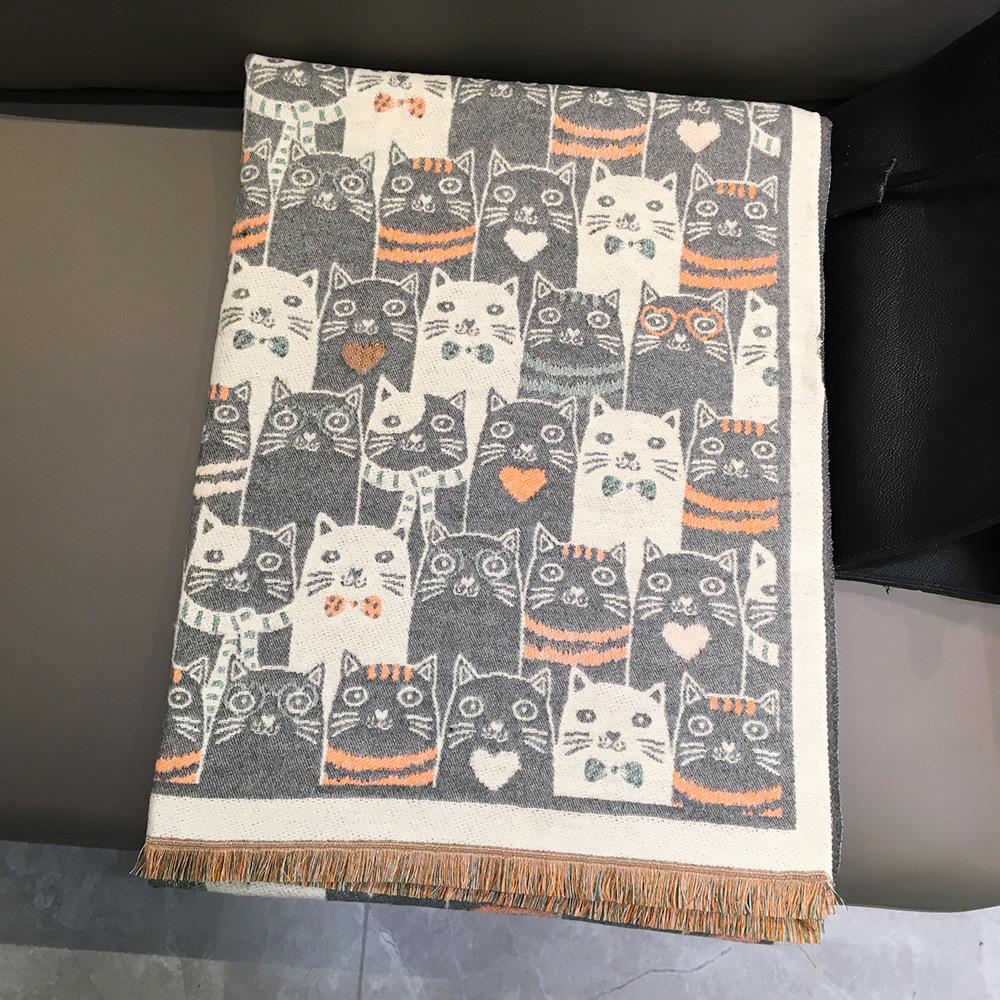 Cartoon Cat Cashmere Feel Tassel Scarf & Shawl - Women's Autumn/Winter Dual-Use Long Style