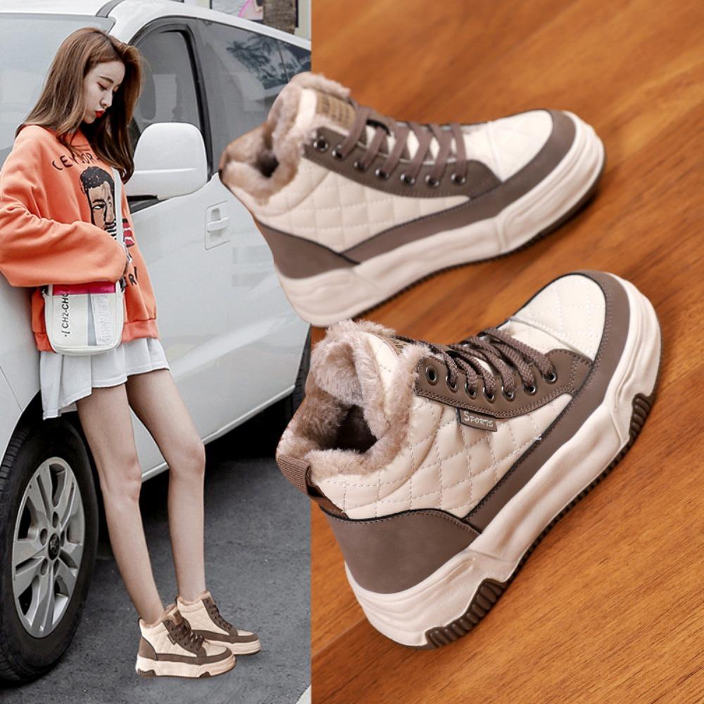 Женские высокие туфли с плюшевой теплой хлопковой подкладкой. Осенне-зимняя новая спортивная и досуговая обувь на платформе для женщин. Кроссовки.
