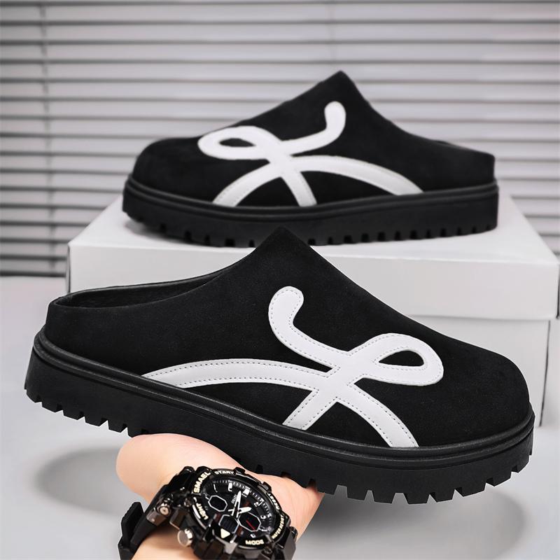 Summer New Men Half Dragged Leather Shoes PU Net Red Envelope Headless Half Dragged Leather Shoes Size 38-44 Men Slippers