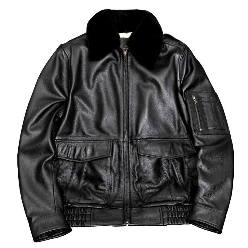 New Genuine Leather Jacket Men Real Cowhide Fur Collar Flight Coat Winter Padded Jacket