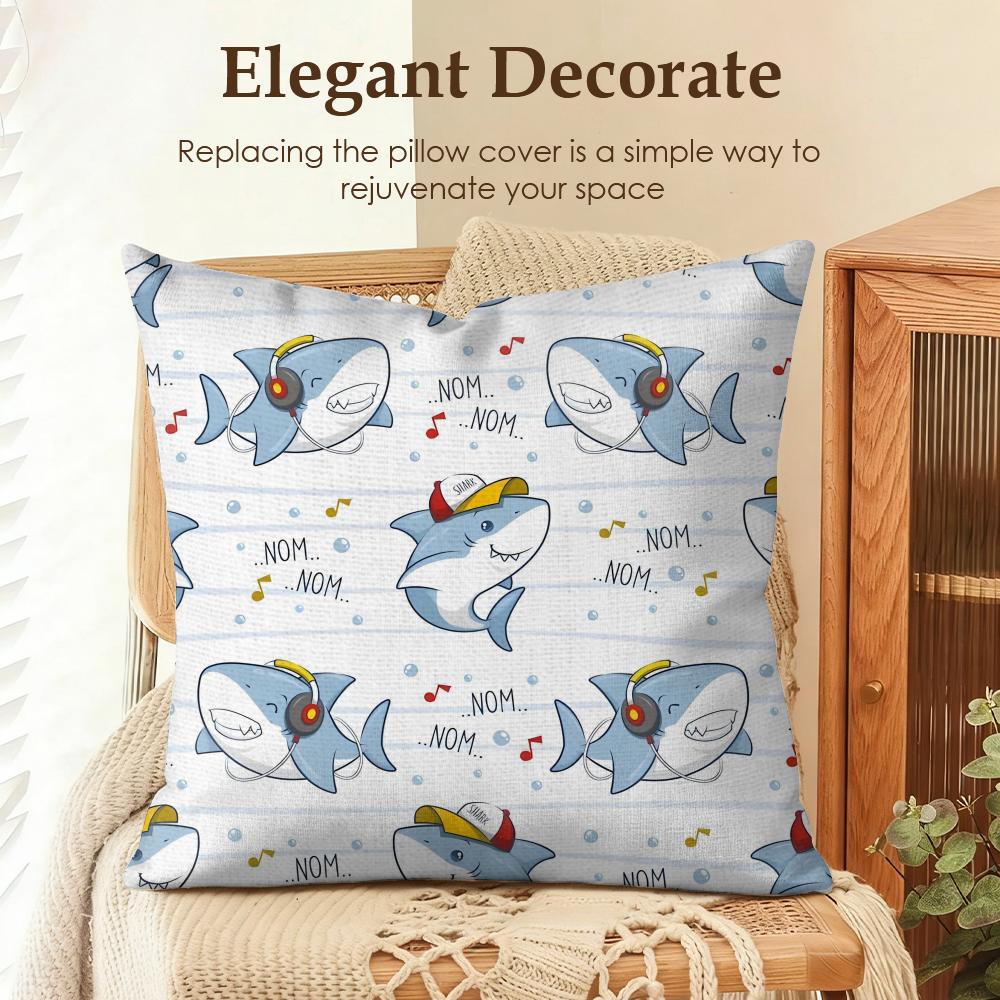 Cute Shark Pattern Cushion Cover Natural Linen Organic Fabric DoubleSided Printing Sofa Home Decor Gift Pillow Case