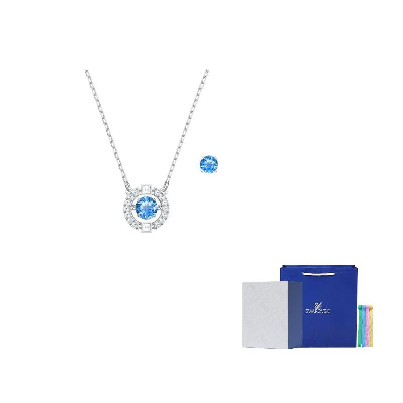Swarovski Набор серег-обручей и ожерелье для женщин, синий/позолоченный белый