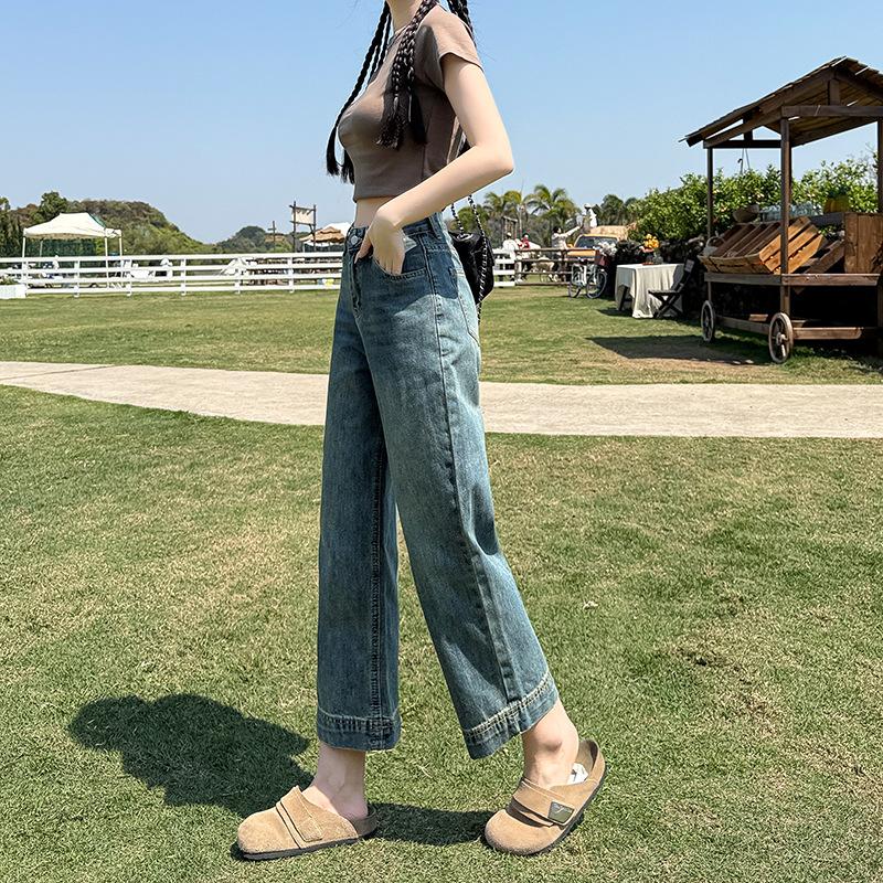 Summer new jeans women's small eight-point high-waisted and thin straight-leg wide-leg pants