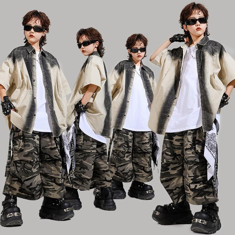 Kids Hip Hop Performance Outfit Set Cotton Shirt Camo Pants Dance Stage Show Boys Girls