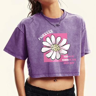Навсегда Сегодня Всегда Лучший День Цветочные Принты Женский Выстиранный Кроп-Топ Уличный Фитнес Футболка с Коротким Рукавом Хлопок