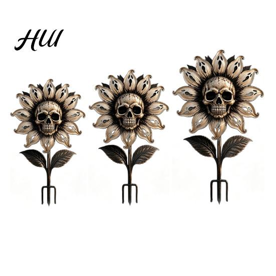 Spooky Outdoor Yard Ornaments Metal Skull Sunflower Garden Stake, 2D Gothic Ghost Petal Art Lawn Decorations Weatherproof Iron Halloween Decor