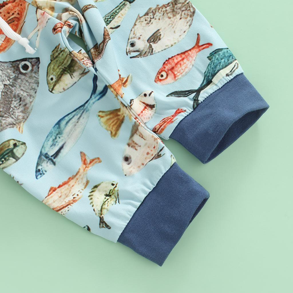 Newborn Three-Piece Outfits, Letter Print Short Sleeve Romper + Colorful Fishes Patchwork Drawstring Trousers + Knotted Hat