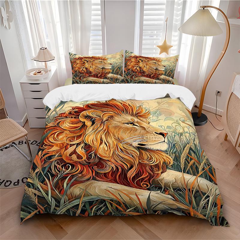 3pcs bedding set Lion Safari Includes 1 Comforter + 2 Pillowcases, Without Pillow Inserts, Soft Comfortable, Lightweight Breathable, Printed