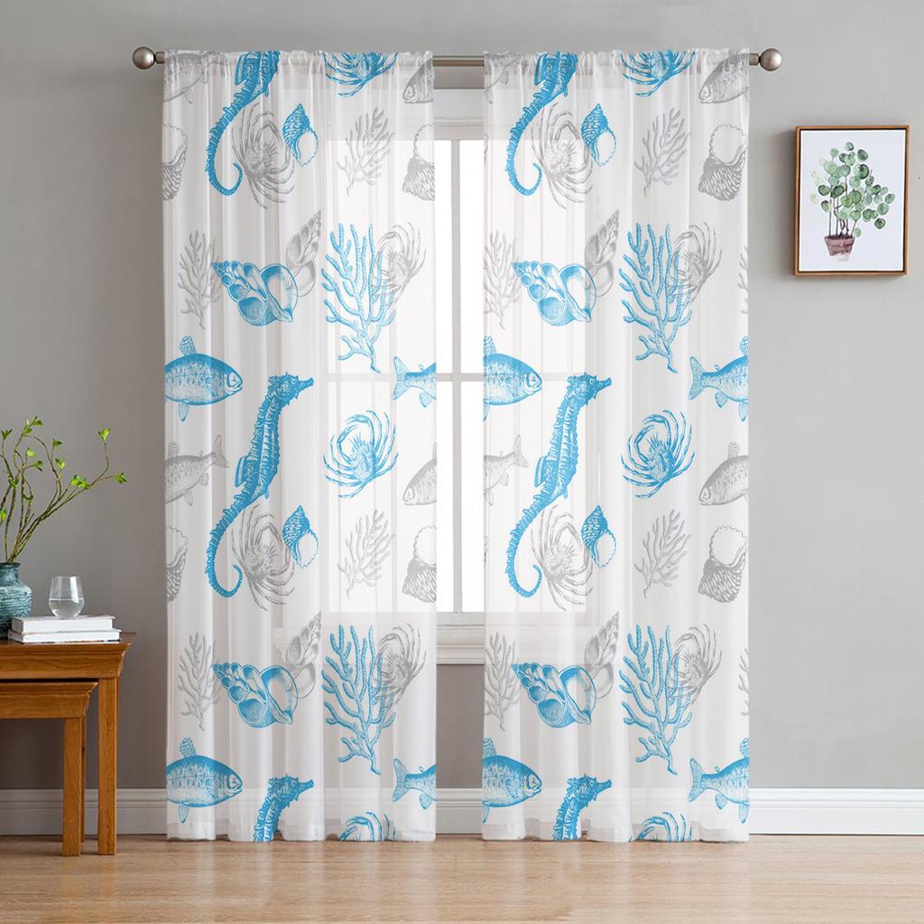 Морское животное Морской конёк Морская водоросль Компас Тюлевая занавеска Вуаль Прозрачная для Спальни Гостиной Кухни Полупрозрачные Занавески для Окна