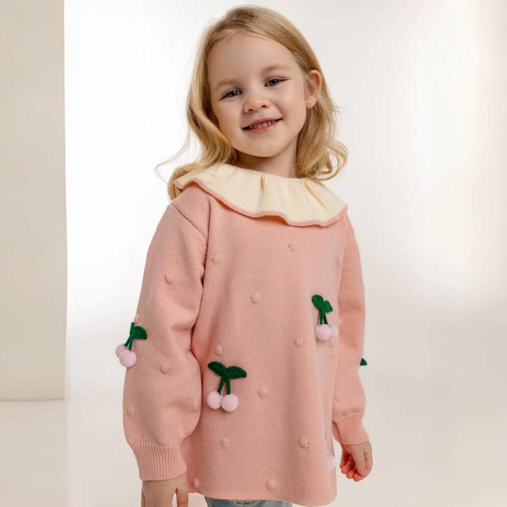 Girls' Knitted Cherry Dress – Long Sleeve Warm Sweater Dress with Ruffled Collar