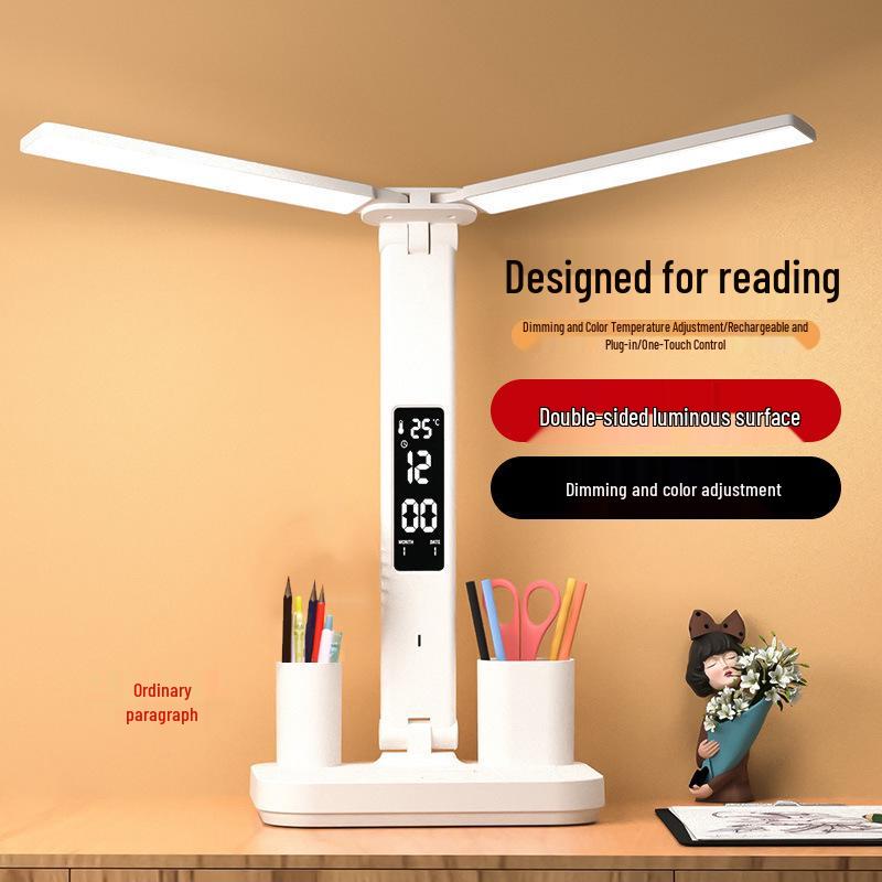 Dual-Head Eye-Protecting Desk Lamp with Clock and Pen Holder for Students and Children