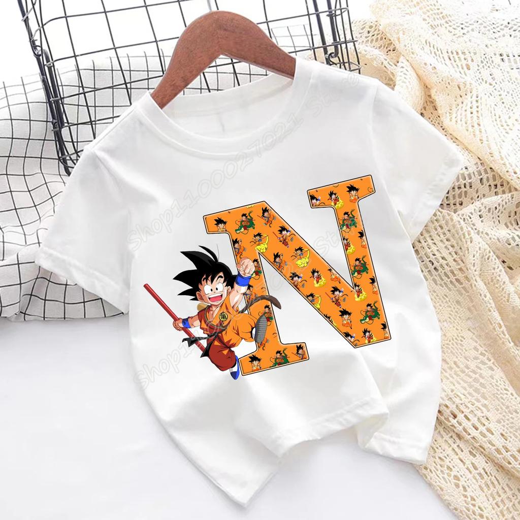 Футболка Dragon Ball Goku Детская с буквами от A до Z Топ Мультяшная Летняя Мода Белая с Коротким Рукавом Одежда Детская Повседневная Одежда Подарок