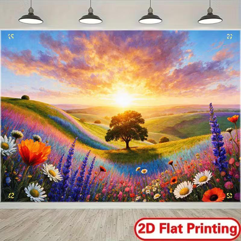 Двумерный фон «Поле цветов на закате» для вечеринок на тему весны, лета и природы