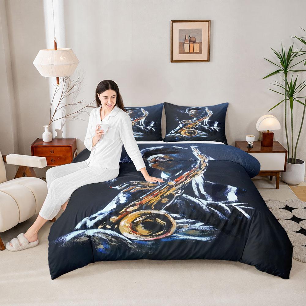 Bohemian Jazz Saxophonist Night Portrait Dark 3-Piece Bedding Set, Modern Duvet Cover with Button Closure, King Size Duvet Cover with Pillowcases