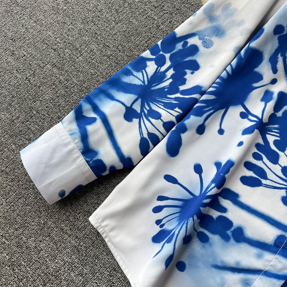 Элегантный темперамент Поло-воротник Синяя рубашка с принтом с длинным рукавом Женская Высококачественная плиссированная юбка Модный костюм-двойка