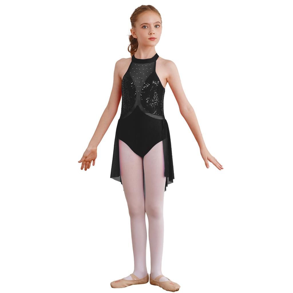 Детское блестящее сетчатое лоскутное трико с блестками для девочек, платье с вырезом на спине, платья без рукавов для фигурного катания, лирическая танцевальная одежда