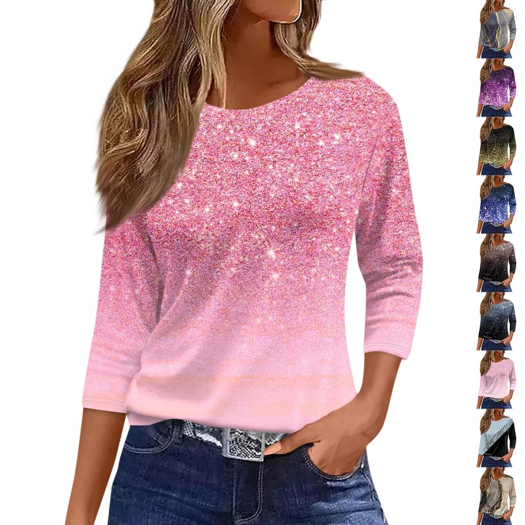 Traf 2025 Women'S Fashion Casual Round Neck 3/4 Sleeve Loose Printed T-Shirt Ladies Top Clothes For Women Shirt For Women