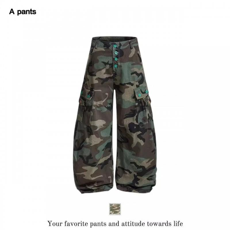 Retro Camo Cargo Pants Men Women High Waist Loose Straight Fit Streetwear Wide Leg Trousers