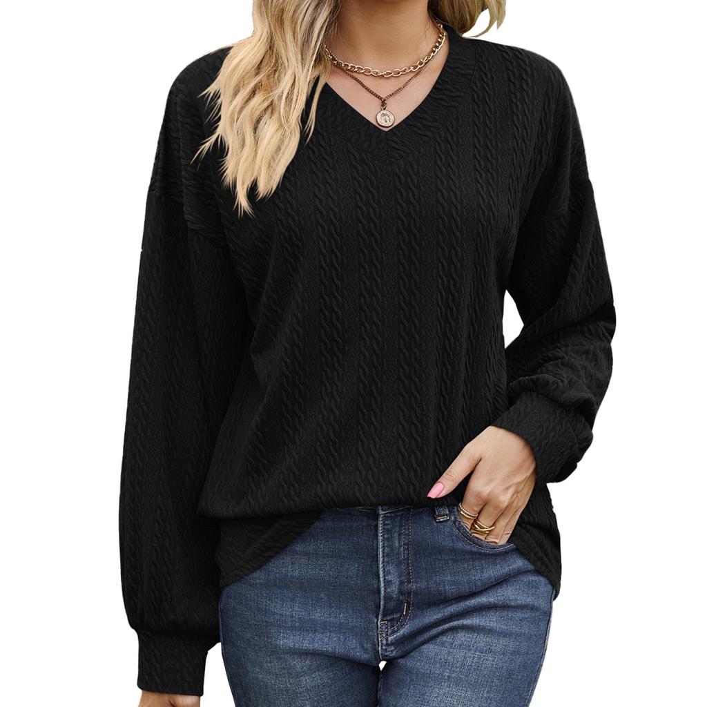BITCED Осенне-зимняя однотонная свободная повседневная футболка с V-образным вырезом и длинными рукавами для женщин