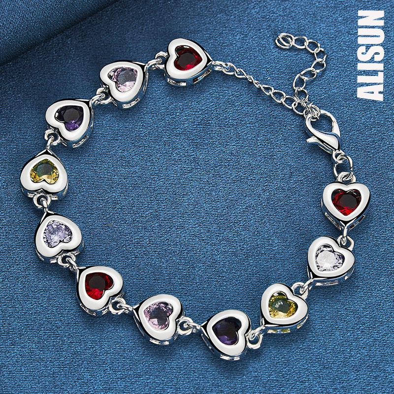 925 Sterling Silver Heart-shaped Inlaid Multi-color AAA Zircon Bracelet Fashionable Wedding Jewelry