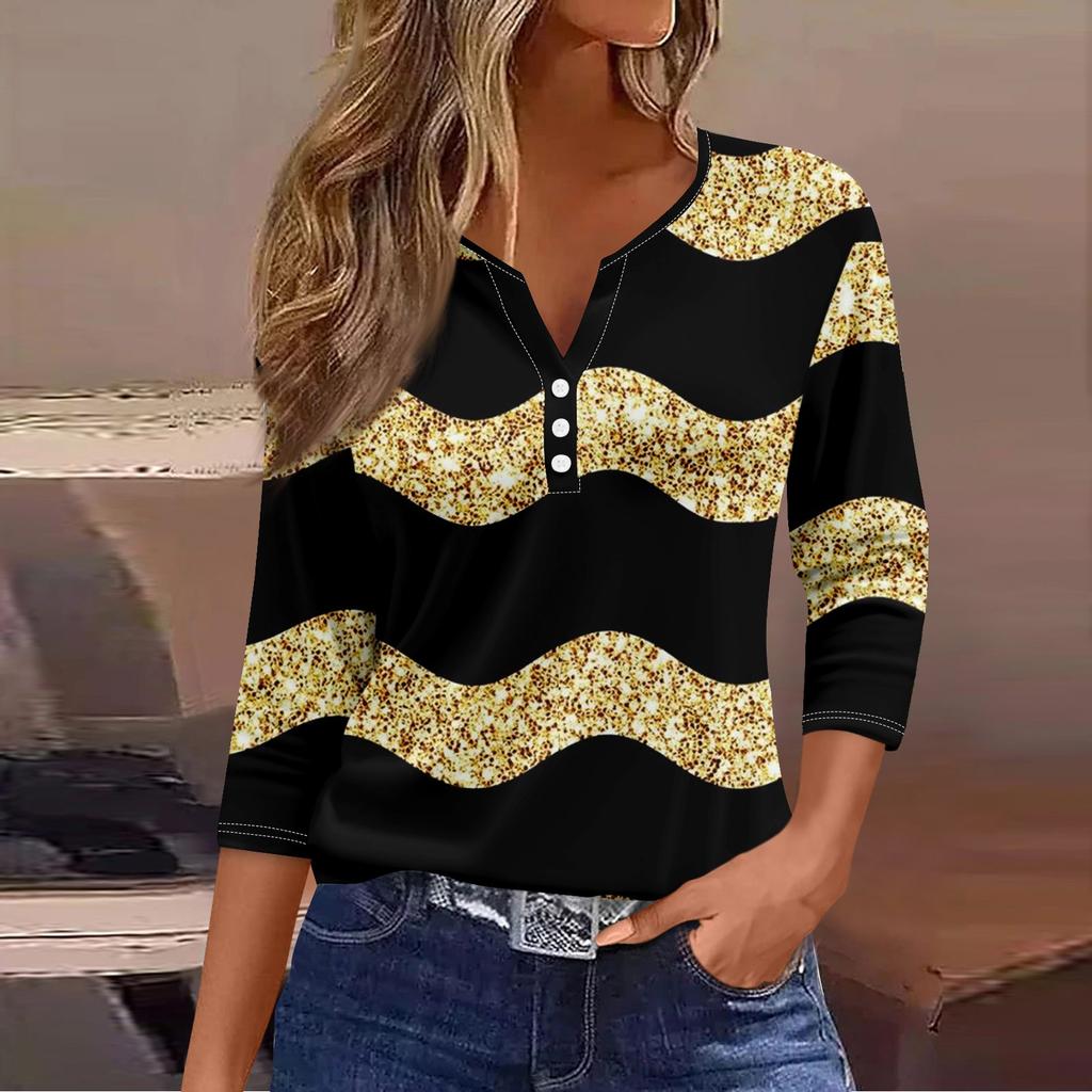 Жен. Футболка Футболка С принтом Пуговицы Рукав 3/4Ежедневно Выходные Мода Классический Топ с v-образным вырезом Обычный